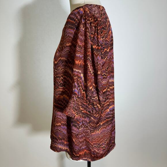 Rachel Zoe Brown/Orange Geo Smocked Short Sleeve V-Neck Top Womens Size Medium M - Picture 3 of 10